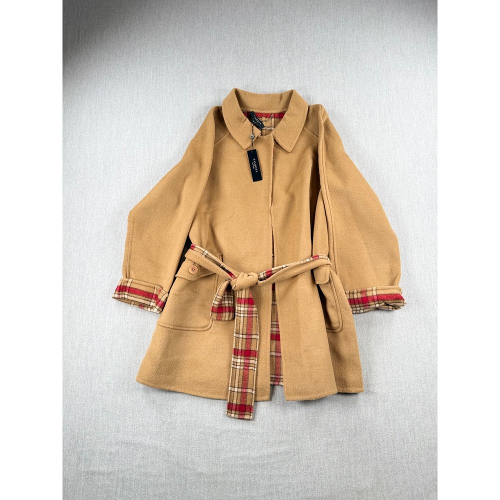 Talbots Women Camel Tan Wool Blend Plaid Lined Belted Wrap Coat Large NWT